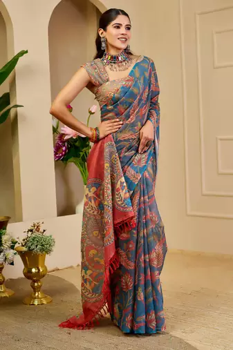 Navy blue shimmer printed zari saree with unstitched blouse piece.