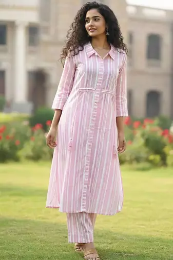 Women Striped Regular Kurta with Trousers