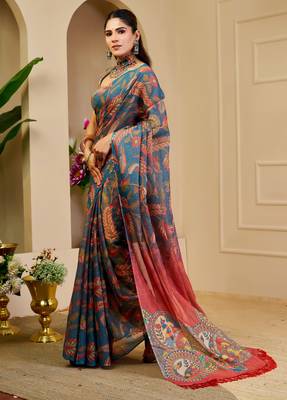 Navy blue shimmer printed zari saree with unstitched blouse piece. 4