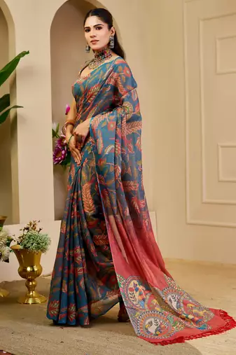 Navy blue shimmer printed zari saree with unstitched blouse piece.