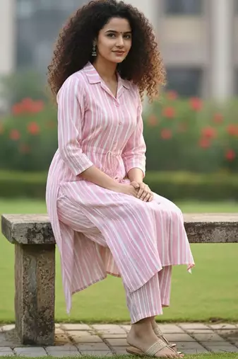 Women Striped Regular Kurta with Trousers