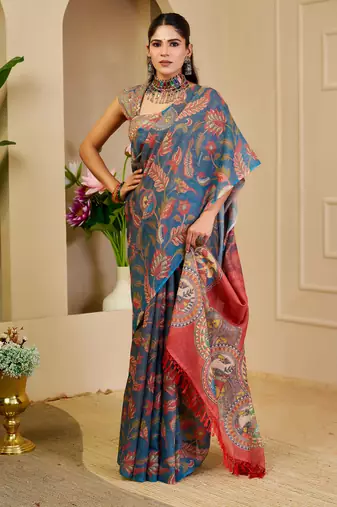 Navy blue shimmer printed zari saree with unstitched blouse piece.
