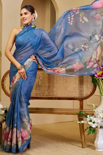 Blue shimmer printed zari saree with unstitched blouse piece.