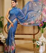 Blue shimmer printed zari saree with unstitched blouse piece.