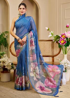 Blue shimmer printed zari saree with unstitched blouse piece. 2