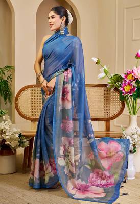 Blue shimmer printed zari saree with unstitched blouse piece. 4