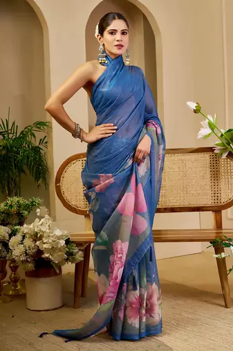Blue shimmer printed zari saree with unstitched blouse piece.