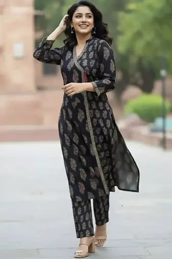 Women Ethnic Motifs Printed Angrakha  Cotton Kurta with Trousers