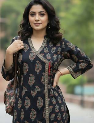 Women Ethnic Motifs Printed Angrakha  Cotton Kurta with Trousers 4