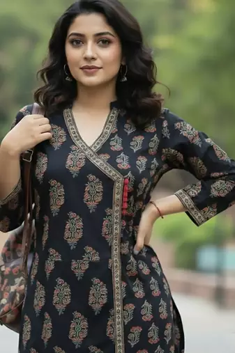 Women Ethnic Motifs Printed Angrakha  Cotton Kurta with Trousers