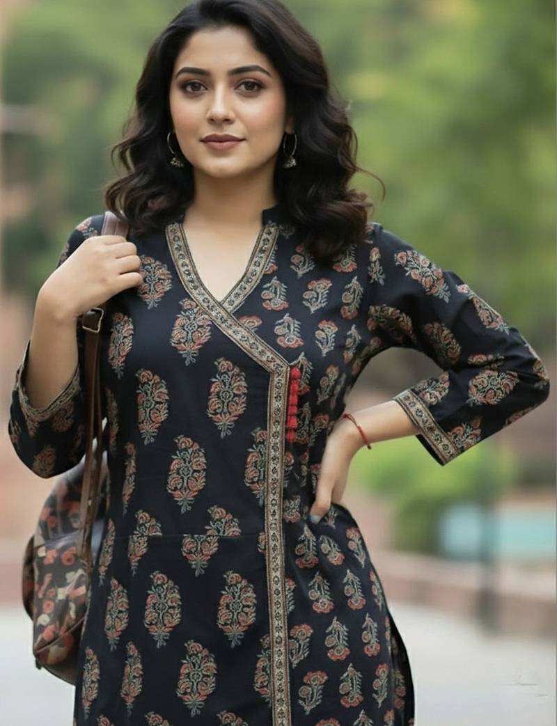 Women Ethnic Motifs Printed Angrakha  Cotton Kurta with Trousers