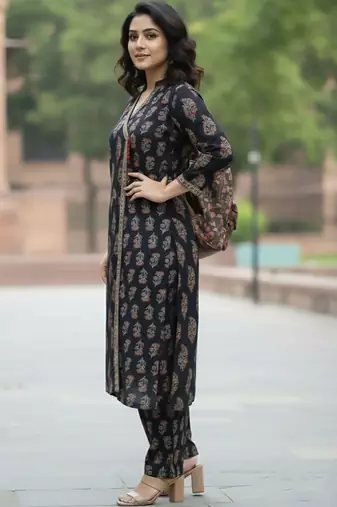 Women Ethnic Motifs Printed Angrakha  Cotton Kurta with Trousers