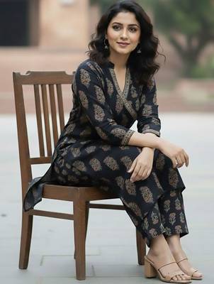 Women Ethnic Motifs Printed Angrakha  Cotton Kurta with Trousers 6