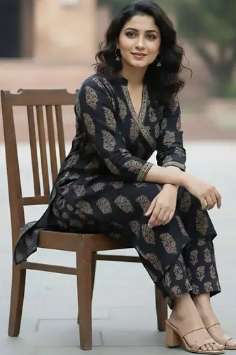 Women Ethnic Motifs Printed Angrakha  Cotton Kurta with Trousers