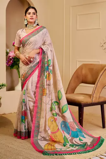 Beige shimmer printed zari saree with unstitched blouse piece.