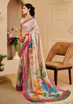 Beige shimmer printed zari saree with unstitched blouse piece. 3