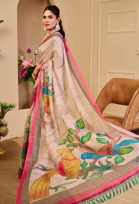 Beige shimmer printed zari saree with unstitched blouse piece. 4