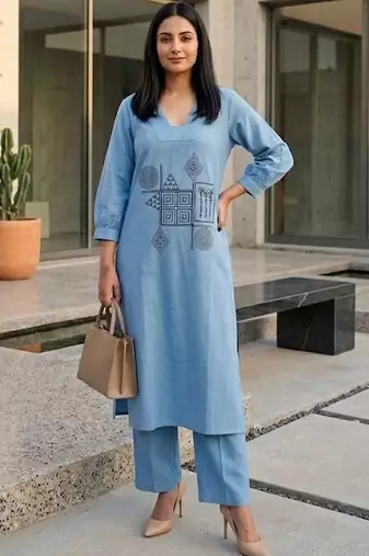Women Embroidered Regular Thread Work Kurta with Trousers