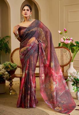 Multi color shimmer printed zari saree with unstitched blouse piece. 1