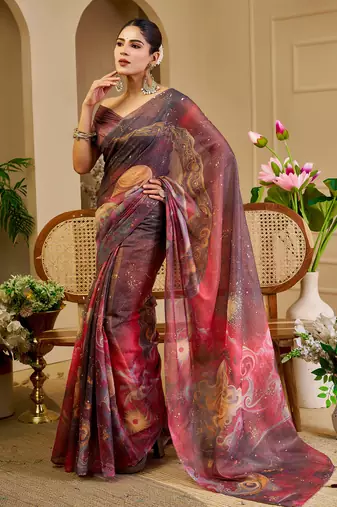 Multi color shimmer printed zari saree with unstitched blouse piece.