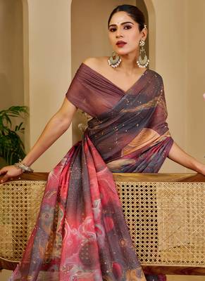 Multi color shimmer printed zari saree with unstitched blouse piece. 3