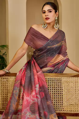 Multi color shimmer printed zari saree with unstitched blouse piece.