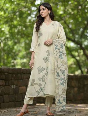 Women Floral Embroidered Thread Work Chanderi Cotton Kurta with Trousers & Dupatta 1