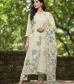 Women Floral Embroidered Thread Work Chanderi Cotton Kurta with Trousers & Dupatta