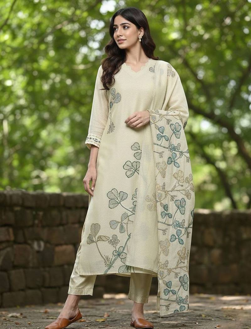 Women Floral Embroidered Thread Work Chanderi Cotton Kurta with Trousers & Dupatta