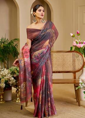 Multi color shimmer printed zari saree with unstitched blouse piece. 4