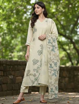 Women Floral Embroidered Thread Work Chanderi Cotton Kurta with Trousers & Dupatta 5