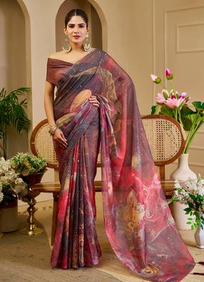 Multi color shimmer printed zari saree with unstitched blouse piece. 5