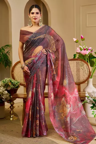 Multi color shimmer printed zari saree with unstitched blouse piece.