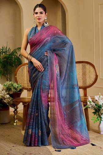 Blue shimmer printed zari saree with unstitched blouse piece.