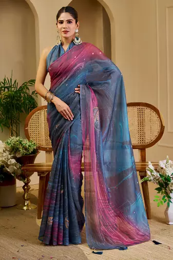 Blue shimmer printed zari saree with unstitched blouse piece.