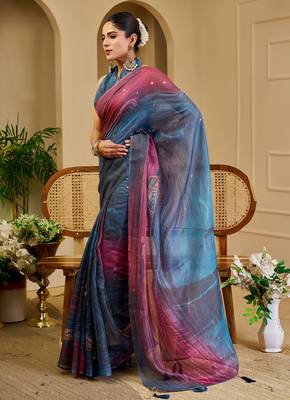 Blue shimmer printed zari saree with unstitched blouse piece. 2