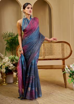 Blue shimmer printed zari saree with unstitched blouse piece. 4