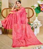 Gajari shimmer printed zari saree with unstitched blouse piece.