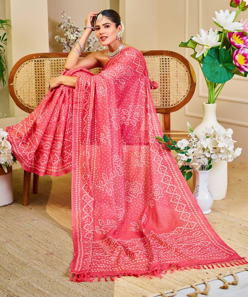 Gajari shimmer printed zari saree with unstitched blouse piece.