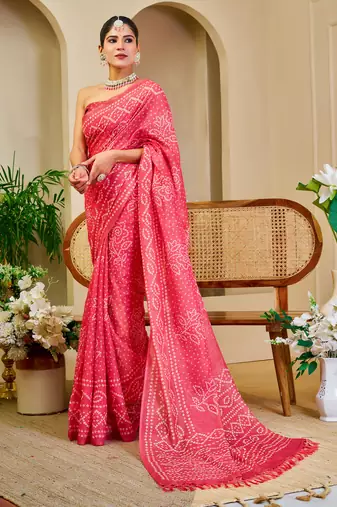 Gajari shimmer printed zari saree with unstitched blouse piece.