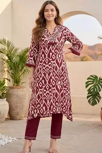 Women Printed Regular Thread Work Pure Cotton Kurta with Trousers