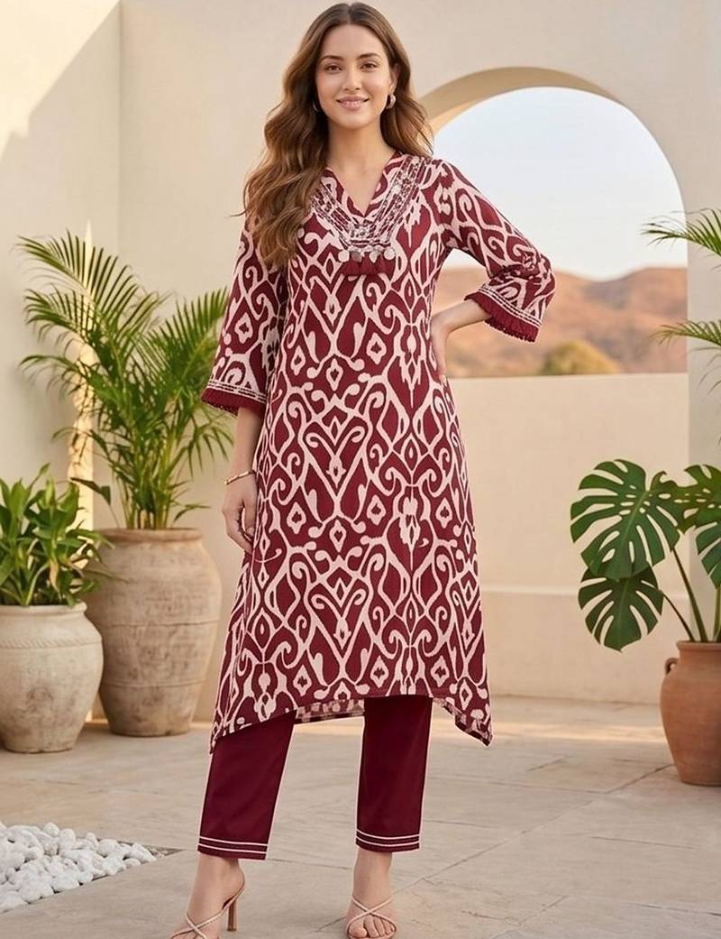 Women Printed Regular Thread Work Pure Cotton Kurta with Trousers