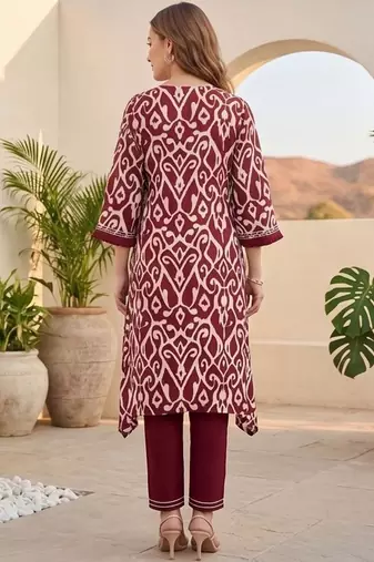 Women Printed Regular Thread Work Pure Cotton Kurta with Trousers