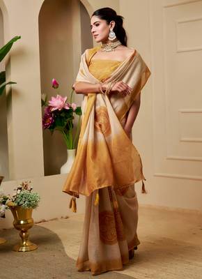Beige shimmer printed zari saree with unstitched blouse piece. 3