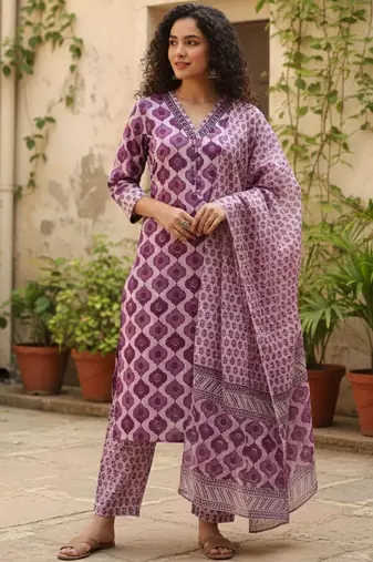 Women Printed Regular Thread Work Pure Cotton Kurta with Trousers & With Dupatta