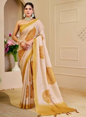 Beige shimmer printed zari saree with unstitched blouse piece. 4