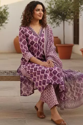 Women Printed Regular Thread Work Pure Cotton Kurta with Trousers & With Dupatta