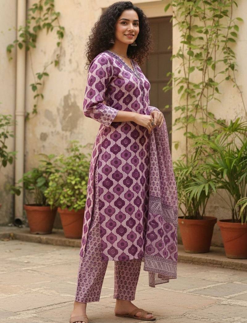 Women Printed Regular Thread Work Pure Cotton Kurta with Trousers & With Dupatta