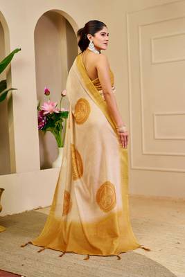 Beige shimmer printed zari saree with unstitched blouse piece. 5