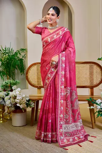 Pink shimmer printed zari saree with unstitched blouse piece.